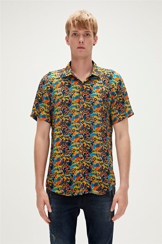 Bi-face Shirt Yellow Short Sleeve Printed Men's Shirt