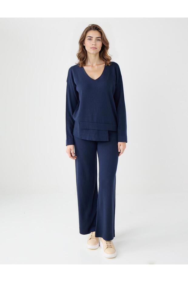 Lacivert Normal Bel Normal Paça Beli Lastikli Triko Pantolon - 1