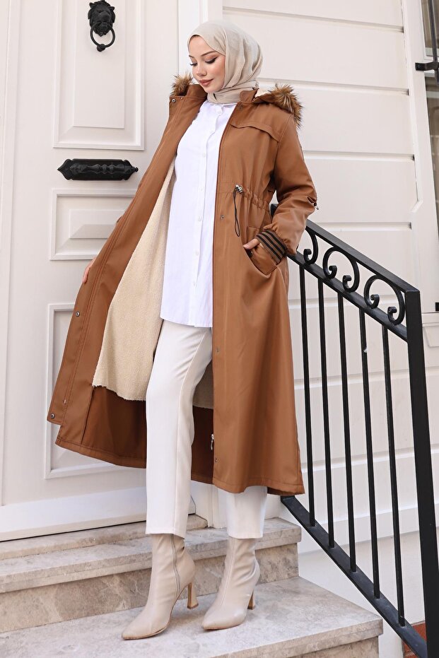 Fur Collar Lace-Up Waist Coat Brown 19269