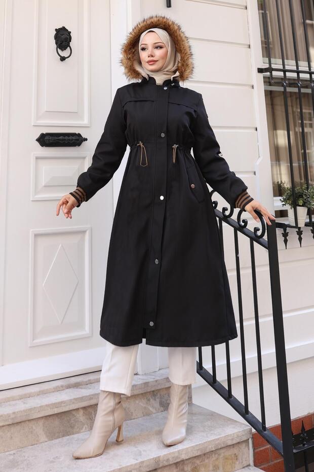 Fur Collar Waist Lace-Up Coat Black 19269