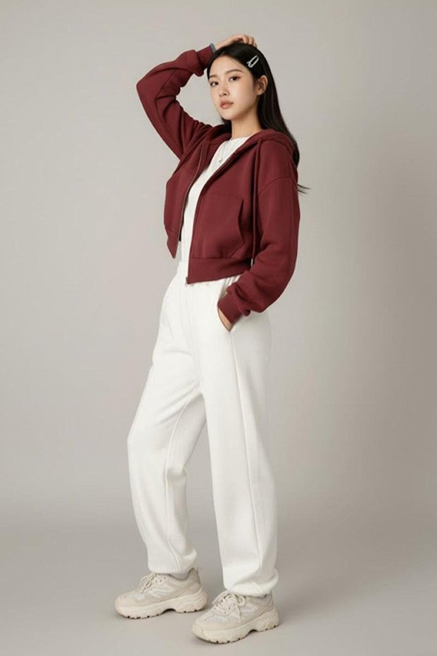 Burgundy Crop Top Thick Fabric Hooded Crop Cardigan