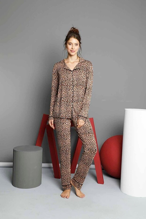 Női leopárd pamut gombos pizsama szett - 2