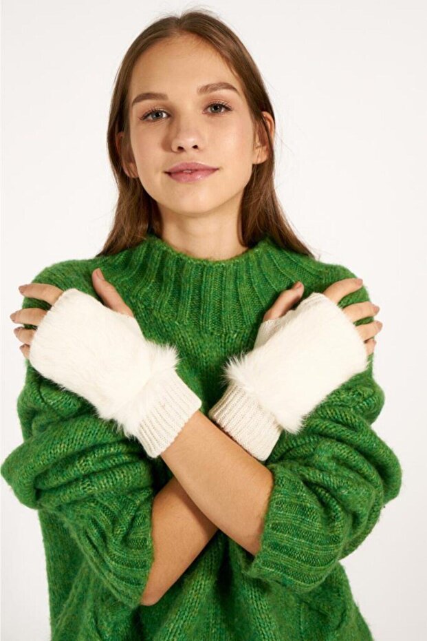 Ekru Kürklü Kadın Eldiven - 3