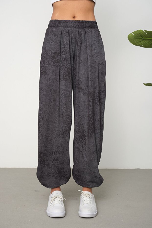 Women's Anthracite Acid Washed Elastic Waist Pocket Jogger Pants Carrot Leg Loose Fit Trousers