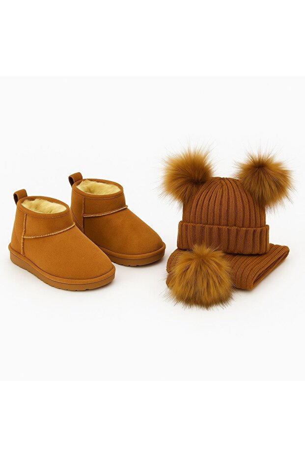 TABA PONPONLU ATKI BERE VE İÇİ KÜRKLÜ MİNİ KISA BOT SÜET BOT - 1