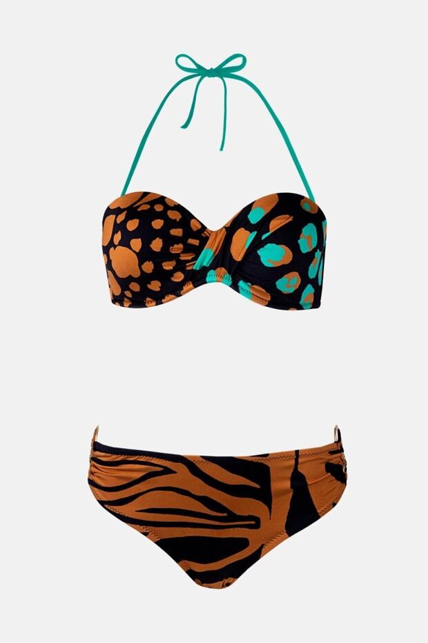 4600 Coffee Pattern Strapless Bikini Set - 4
