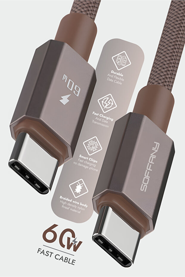HM560-003 60W Type-C to Type-C Şarj & Data Kablosu Kahverengi - 3