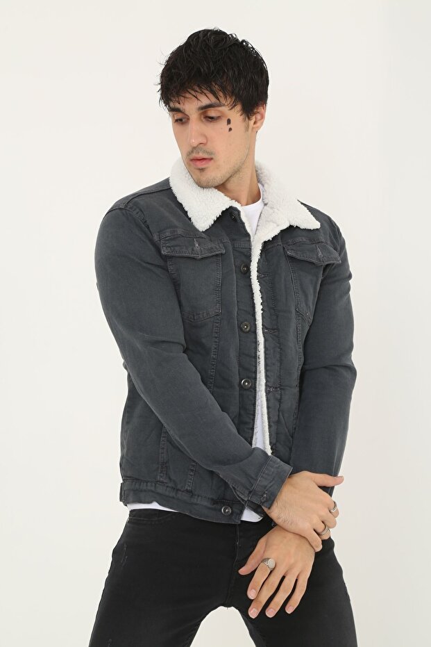 Men's Fur Lined Denim Jacket - 1