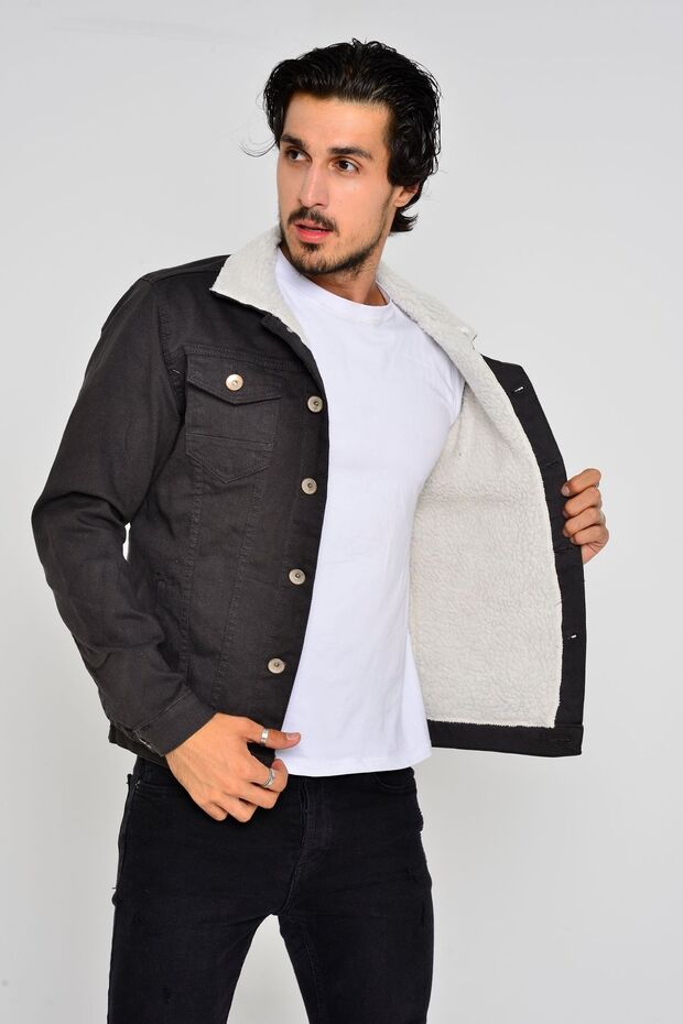 Men's Trendy Winter Fur Lined Denim Jacket Anthracite