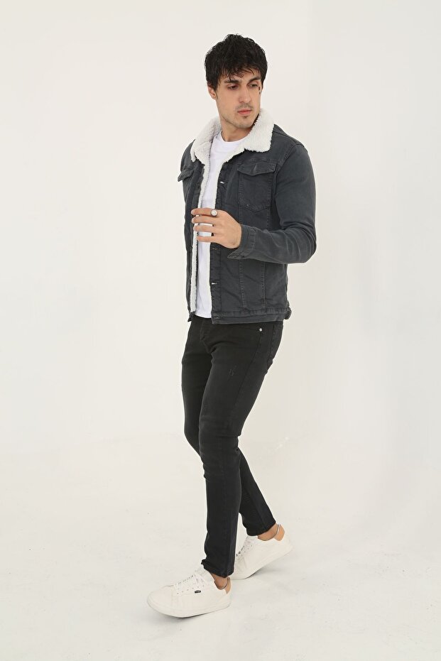 Men's Fur Lined Denim Jacket - 4