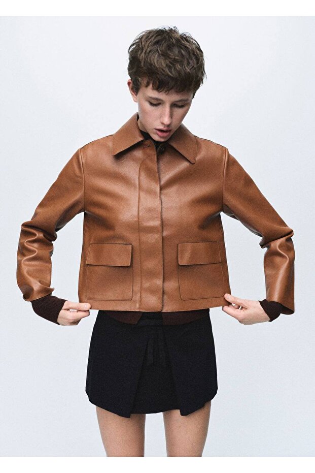 Deri görünümlü cepli ceket - 1