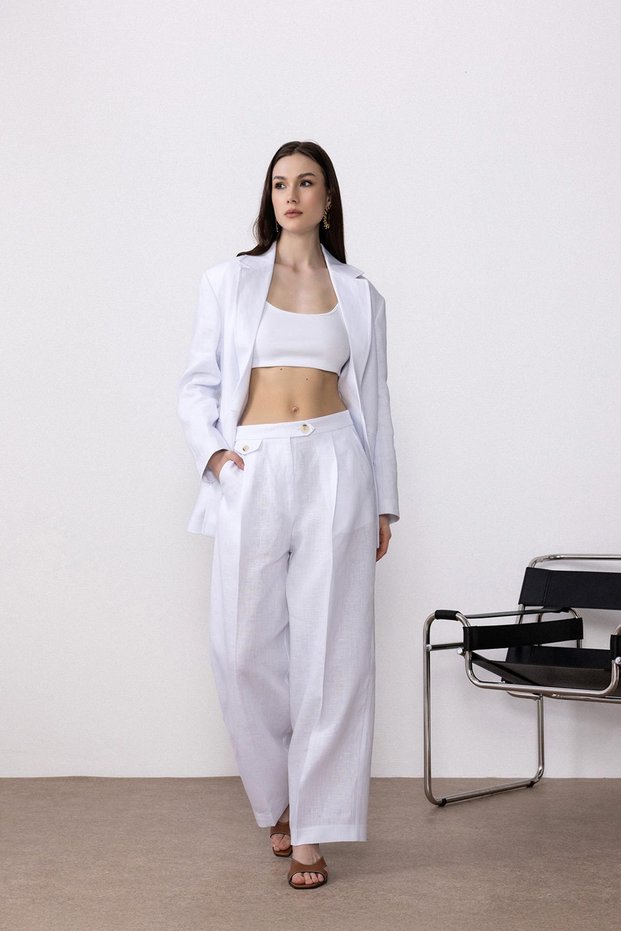 100% linen high waist pleated women's trousers