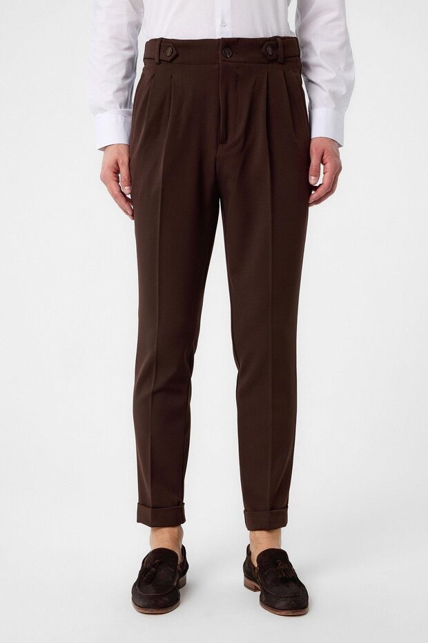 Dark Brown High Waist (Boyfriend) Pleated Fabric Trousers