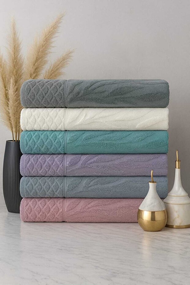 Jacquard Leaf Patterned 50*90 cm 6-Piece Hand and Face Towel Set - Bridal - Gift - Kitchen 100% Cotton
