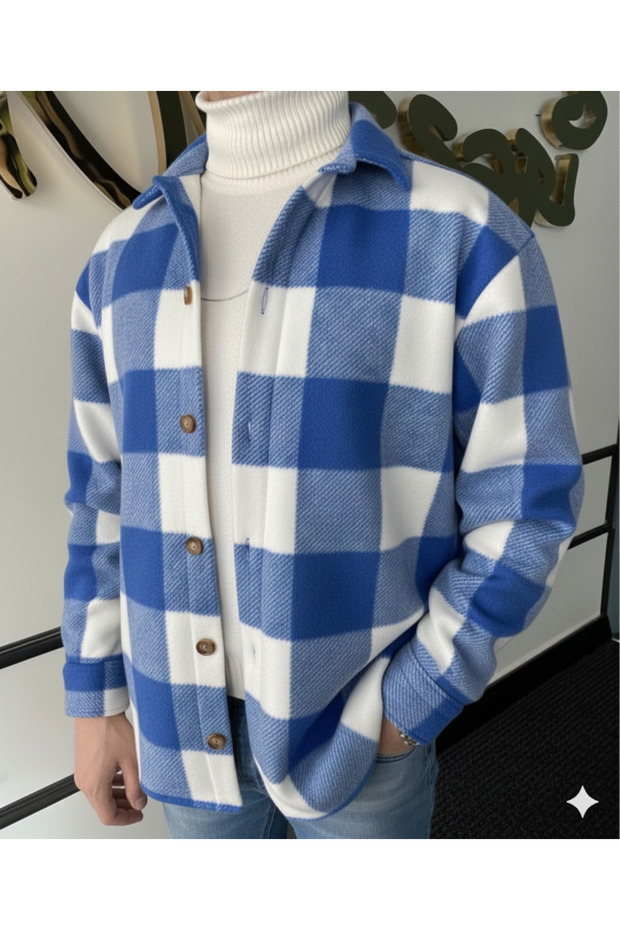 Men's Blue Oversize Checkered Thick Winter Fleece Shirt