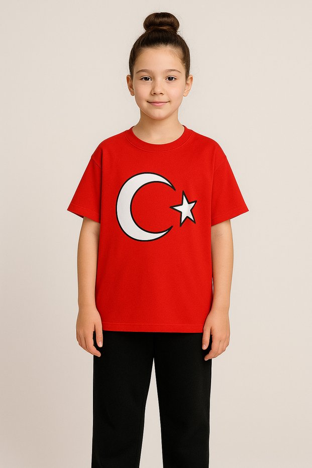Crescent Star Turkish Flag T-Shirt Crescent Star Printed Short Sleeve Children's T-Shirt