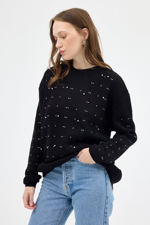 7045 Sleeve Knit Detail Stone Sweater Black