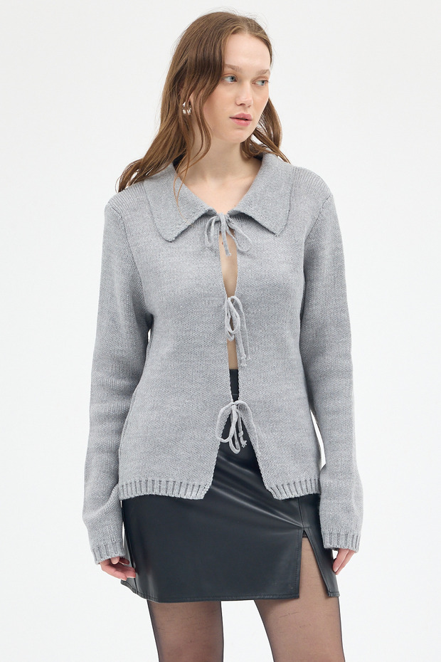 7095 Front Tie Detail Cardigan Gray