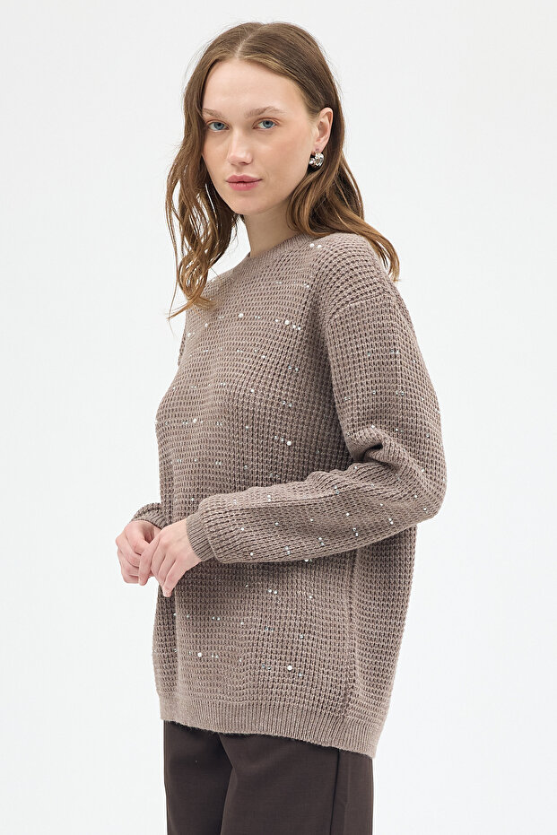 7045 Kol Örgü Detay Taşlı Kazak Koyu Vizon - 1