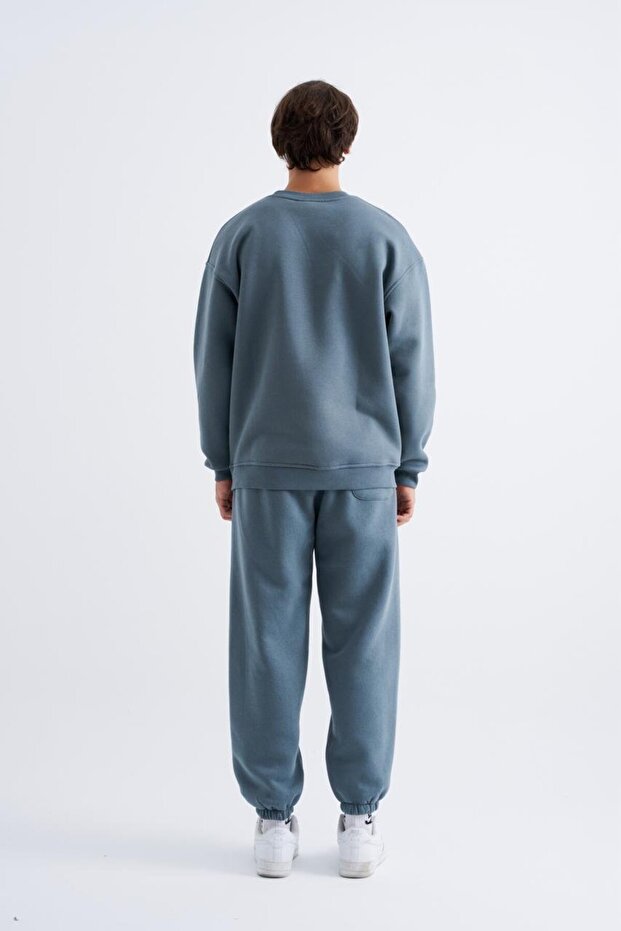 Erkek Basic Bisiklet Yaka Oversize Mavi Sweatshirt - 5