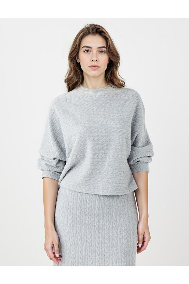 Grı Saç Örgü Desenli Yumuşak Dokulu Örme Sweatshirt - 1