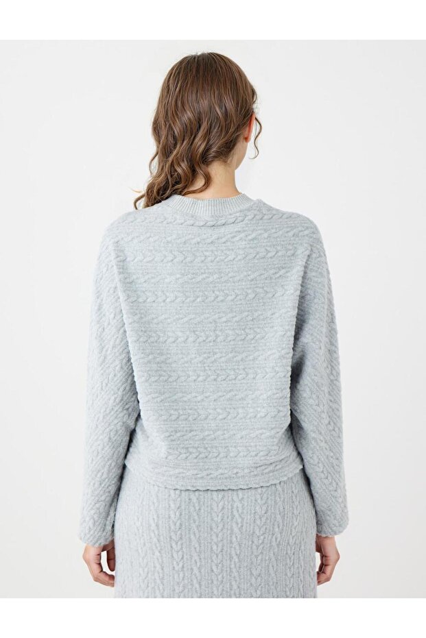 Grı Saç Örgü Desenli Yumuşak Dokulu Örme Sweatshirt - 5