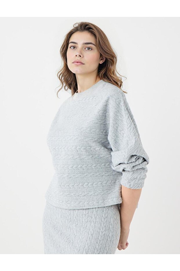 Grı Saç Örgü Desenli Yumuşak Dokulu Örme Sweatshirt - 3
