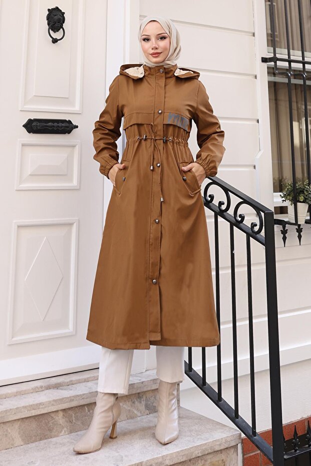 Lettering Detailed Hooded Coat Brown Mi̇h15900