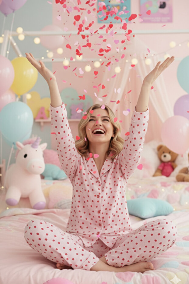 Çilek Desenli Düğmeli Uzun Kollu Pijama Takımı - 1