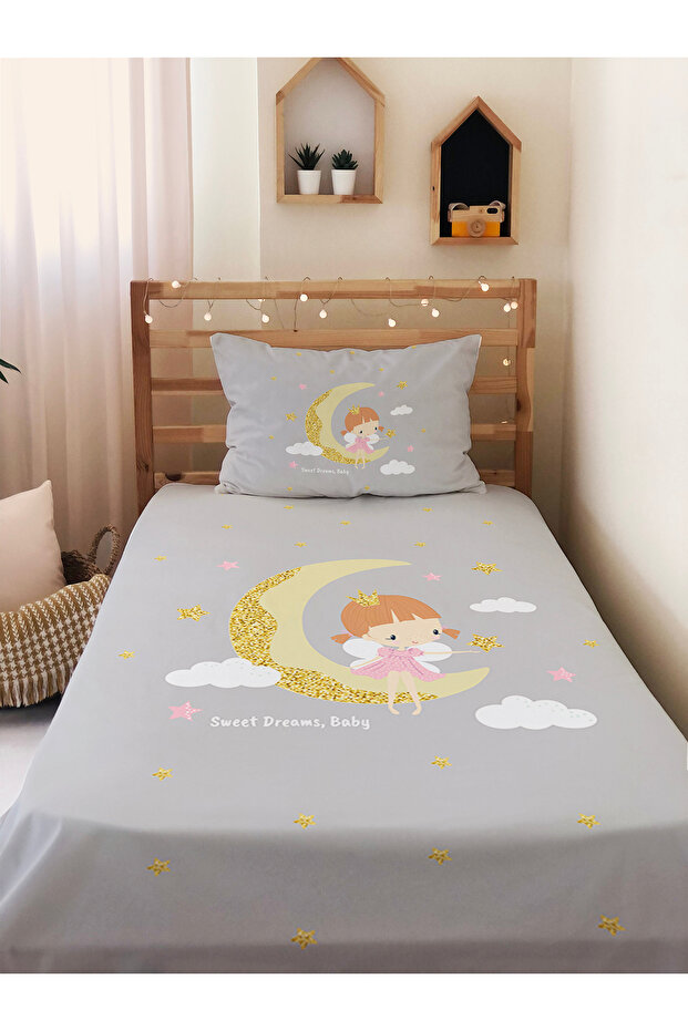 Girl Sitting on the Moon Pattern Printed Single Size 140X220 cm Decorative Bedspread - Gray