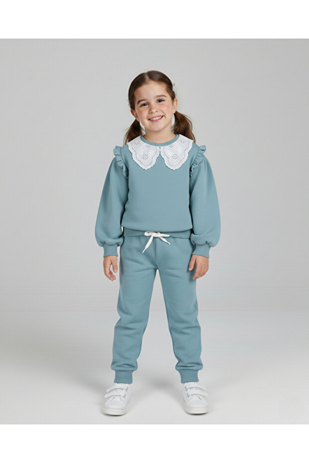 Girl's Embroidered Collar, Elastic Legs, Unprinted, Ruffle Detailed, Oversize, Two-Bottom-Top Children's Set