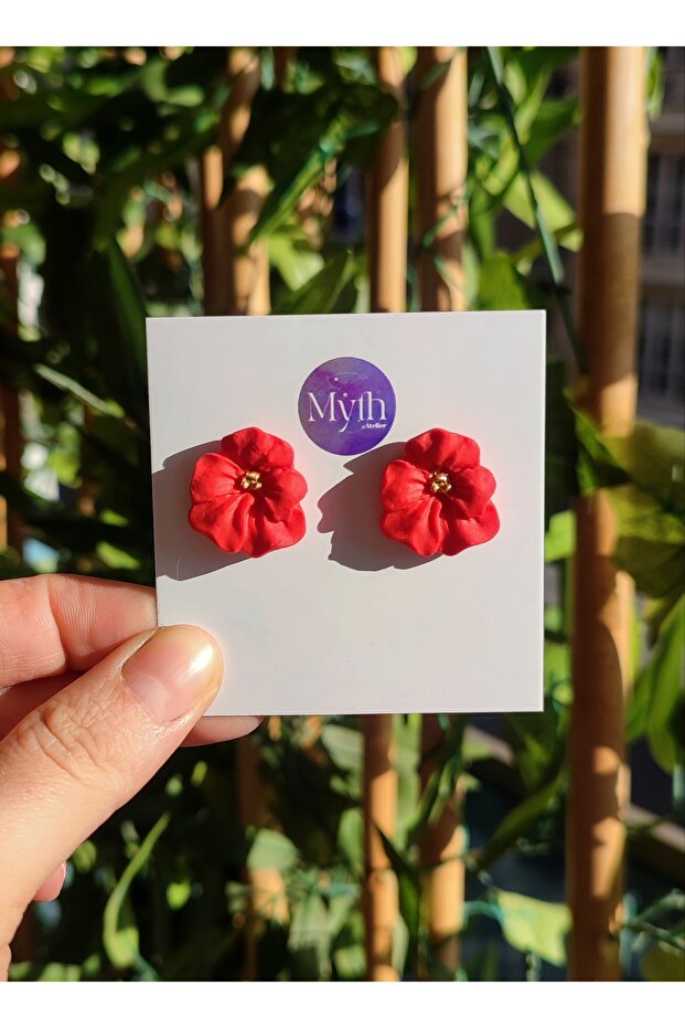 El Yapımı Kırmızı Çiçek Küpe - Sade ve Şık - 7