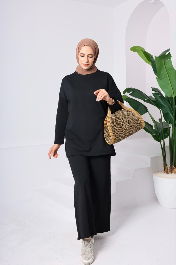 Women's Black 100% Cotton Top and Bottom Set | Oversize Comfortable Fit | Stylish Combination Suitable for 4 Seasons