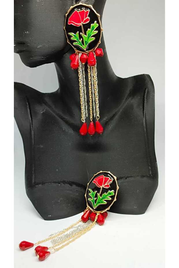 Earrings, Red Poppy Patterned Dangle
