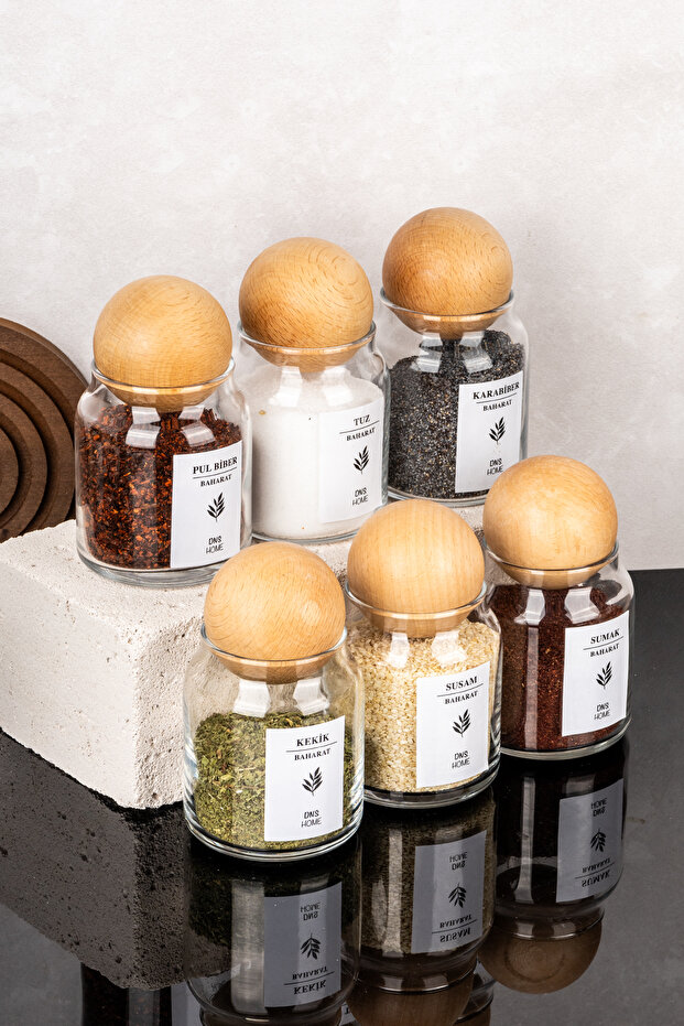 6-Piece Glass Spice Jar Set with Wooden Ball Lid Glass Jar Set with Label Storage Container Spice Rack 300ml