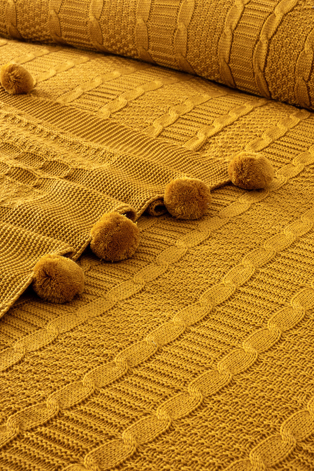 Single Knitted Blanket - Soft Textured & Stylish Bedspread-Knitted Blanket - Mustard - 2