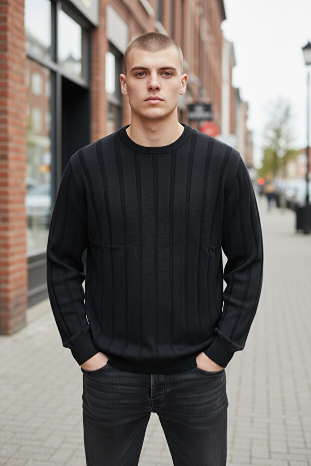 Slim Fit Şeritli Erkek Triko - 1