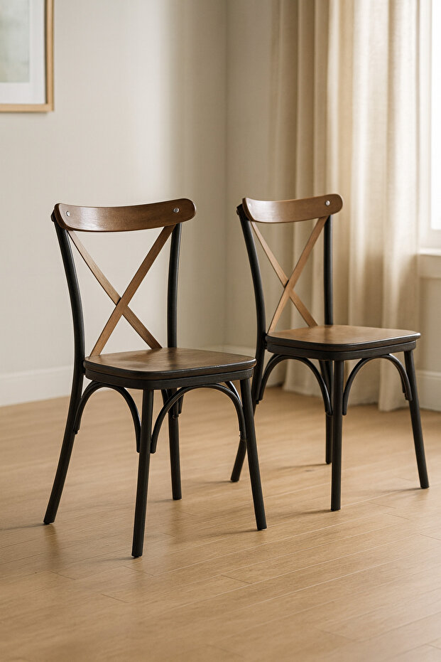 Ahşap Ekol Sandalye Siyah İskelet Ahşap Oturak 2 Adet - 1