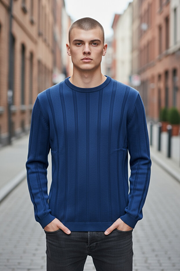 Slim Fit Şeritli Erkek Triko - 1