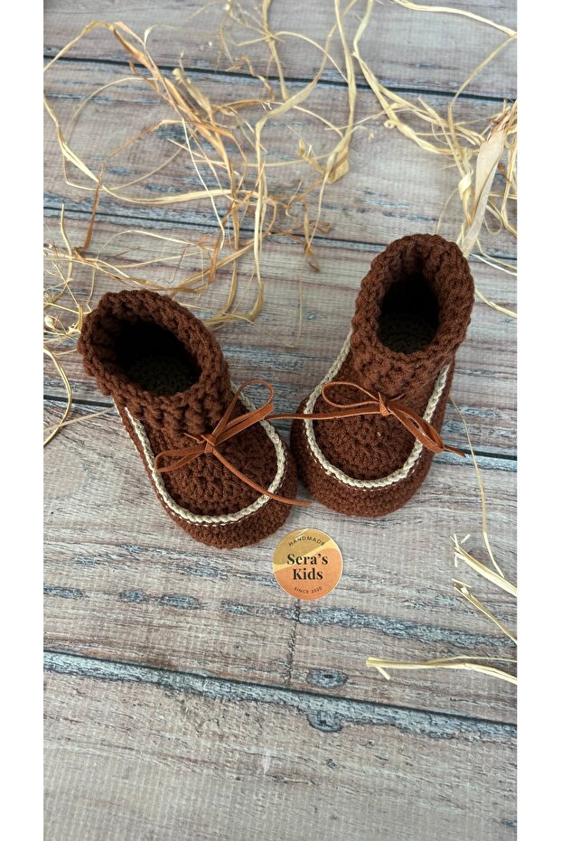 El Örgüsü Erkek Bebek Kahverengi Bot Patik | El Yapımı Lastik Örgü Boğazlı Patik - 6