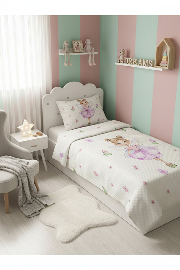 Prenses Kız Desenli, Baskılı Tek Kişilik ve Çocuk Pike Takımı - 2