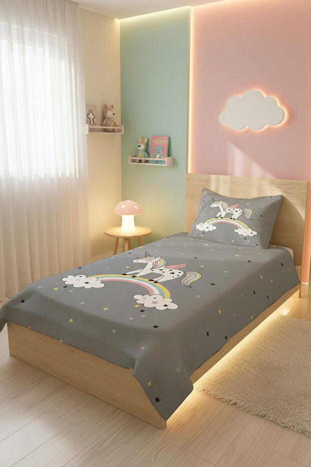 Gökkuşağı Unicorn Desenli Bebek Ve Çocuk Baskılı Tek Kişilik Pike Takımı 160 X 220 Cm Gri - 2
