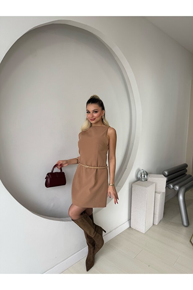 Taba Mini Kemerli Elbise - 4