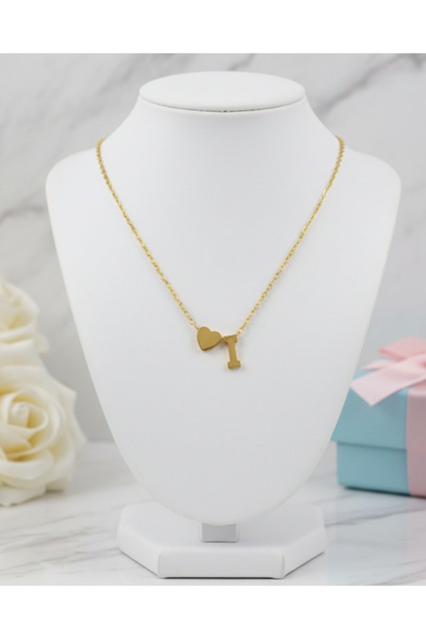 Steel letter heart pendant necklace, stainless steel, tarnish-resistant, gold, stylishly detailed gift necklaces, gold.