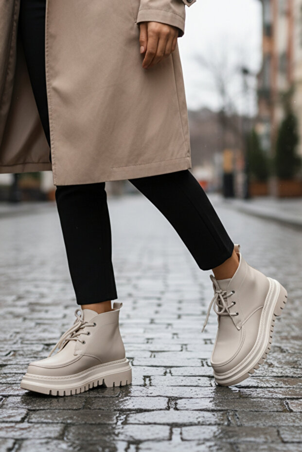 Cilt Yüksek Taban Bağcıklı Kadın Kısa Bej Bot Bootie - 4