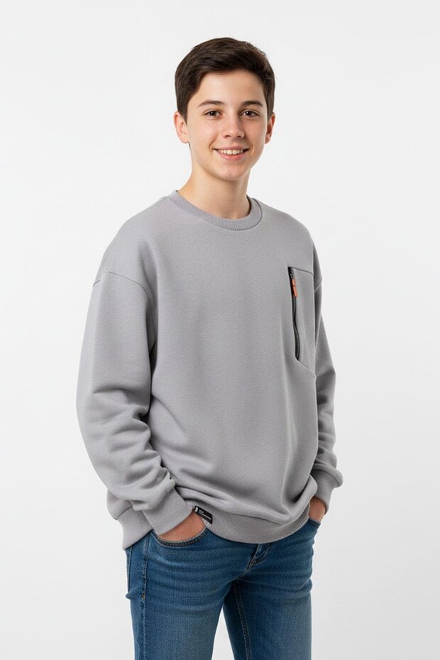 Crew Neck Boys' Sweatshirt with Pocket Zipper Detail