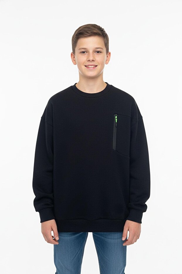 Crew Neck Boys' Sweatshirt with Pocket Zipper Detail