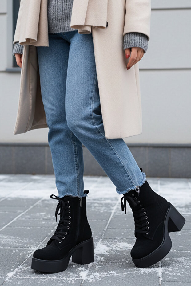 Side Zipper Lace-Up High Thick Heeled Women's Suede Black Long Boots