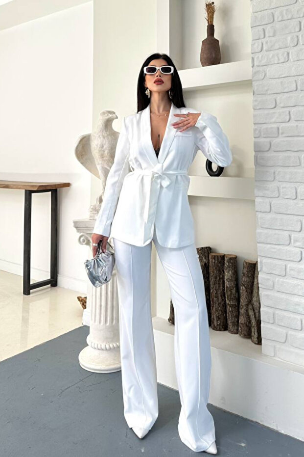 Women's double belted blazer jacket pants set