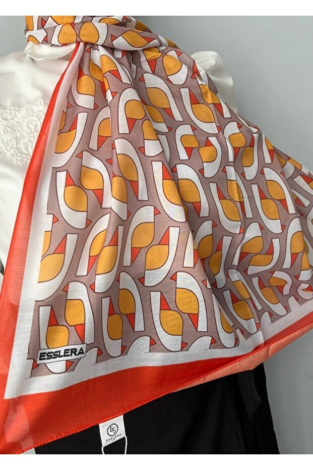 Geometric Patterned Orange Gray Soft Shawl - 2